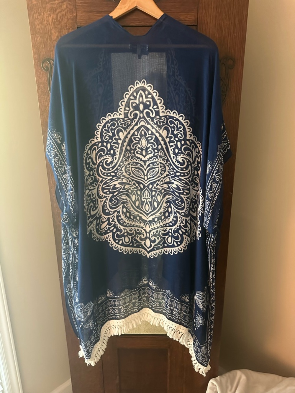 Navy and White Mandala Paisley Wrap with Fringe - Resort Beach One Size